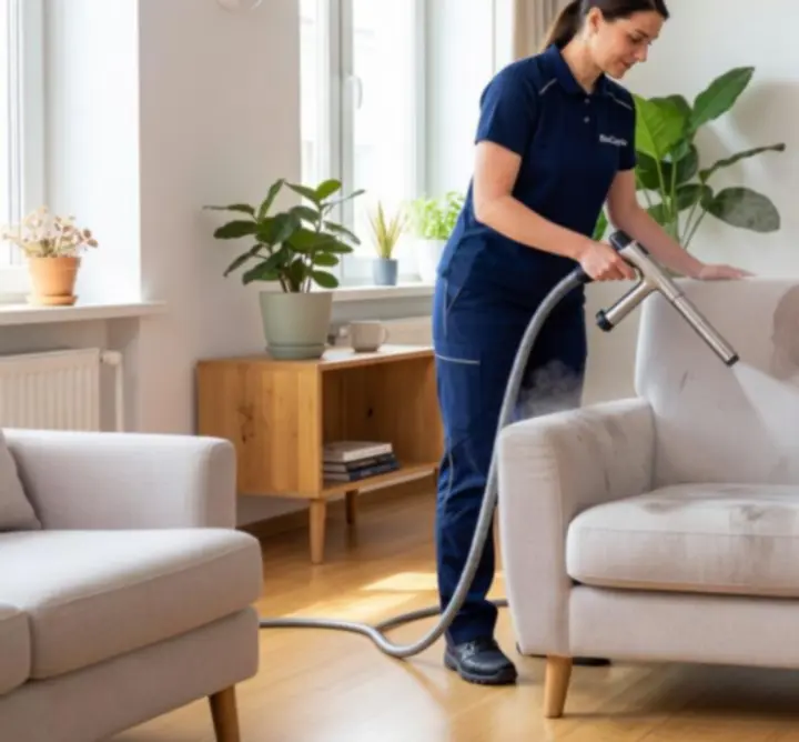 Zespół Soft Clean Living w trakcie profesjonalnego czyszczenia mebli biurowych